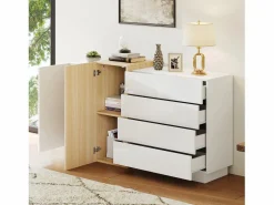 Outlet Buffé brillante 140x35x81 cm - con 2 puertas - con 4 cajones - MDF - blanco Aparador