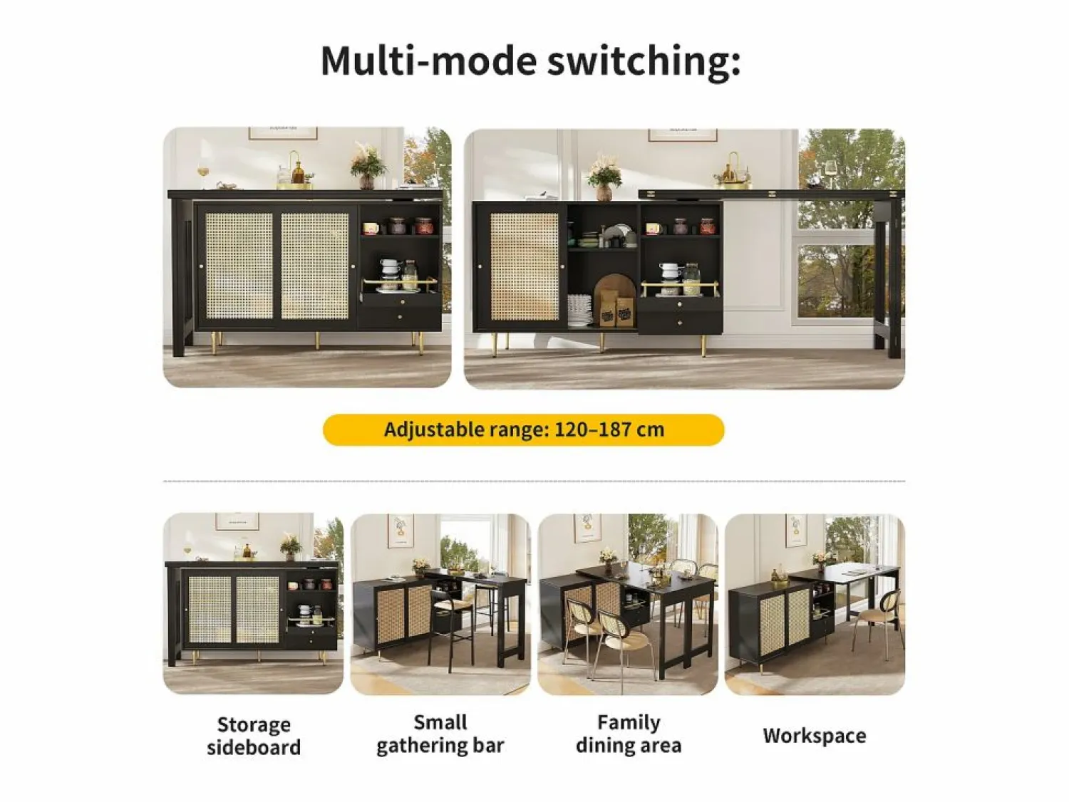 Sale ModernLuxe Buffet, barra de cocina giratoria extensible - en MDF - con diversos almacenamientos - Negro