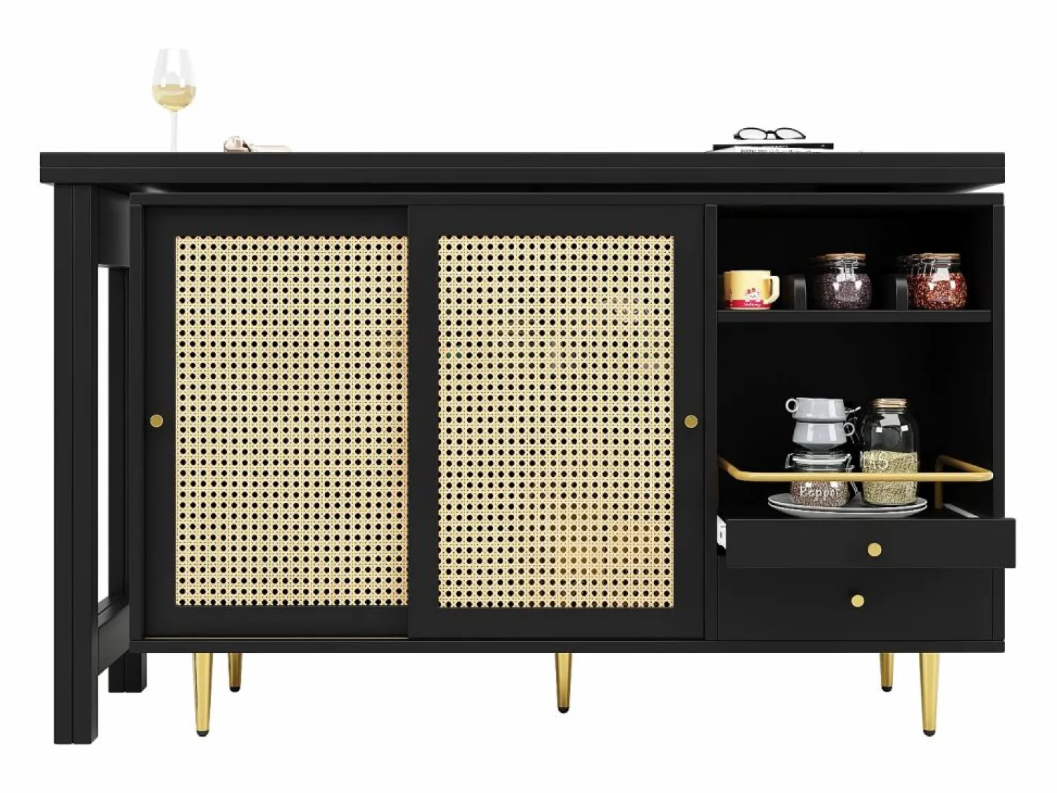 Sale ModernLuxe Buffet, barra de cocina giratoria extensible - en MDF - con diversos almacenamientos - Negro
