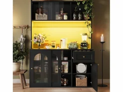 Best ModernLuxe Buffet de cocina 120×35×167 cm - con iluminación LED - 1 cajón y 5 puertas - estantes ajustables - Negro