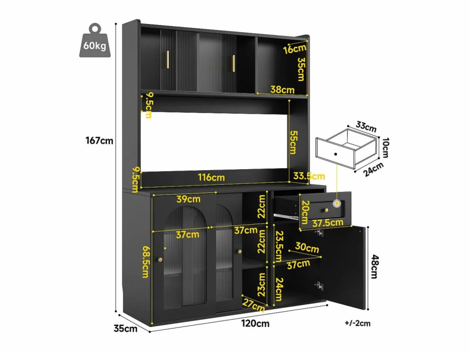 Best ModernLuxe Buffet de cocina 120×35×167 cm - con iluminación LED - 1 cajón y 5 puertas - estantes ajustables - Negro