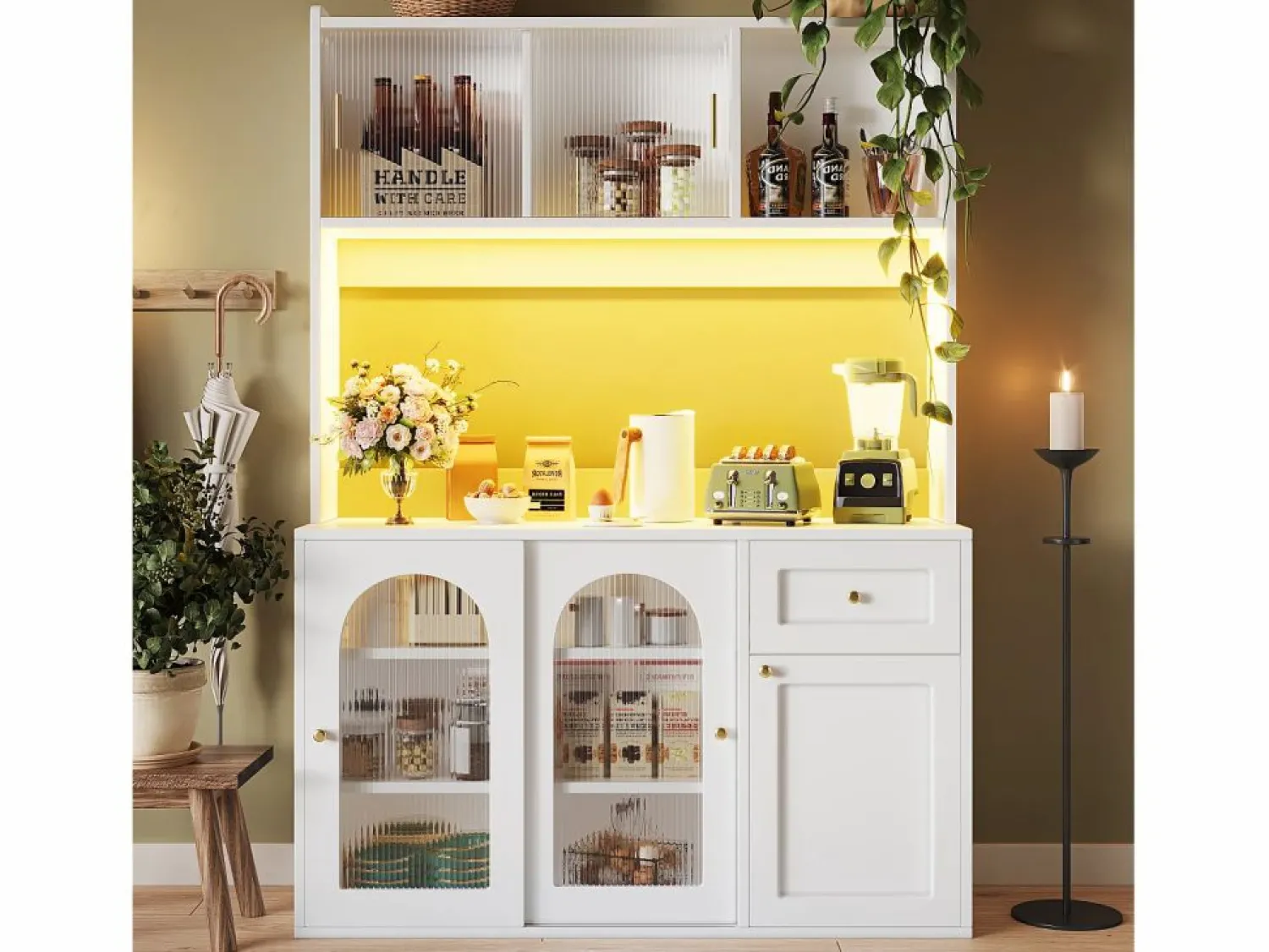Hot Buffet de cocina 120×35×167 cm - con iluminación LED - 1 cajón y 5 puertas - estantes ajustables - Aparador De Cocina
