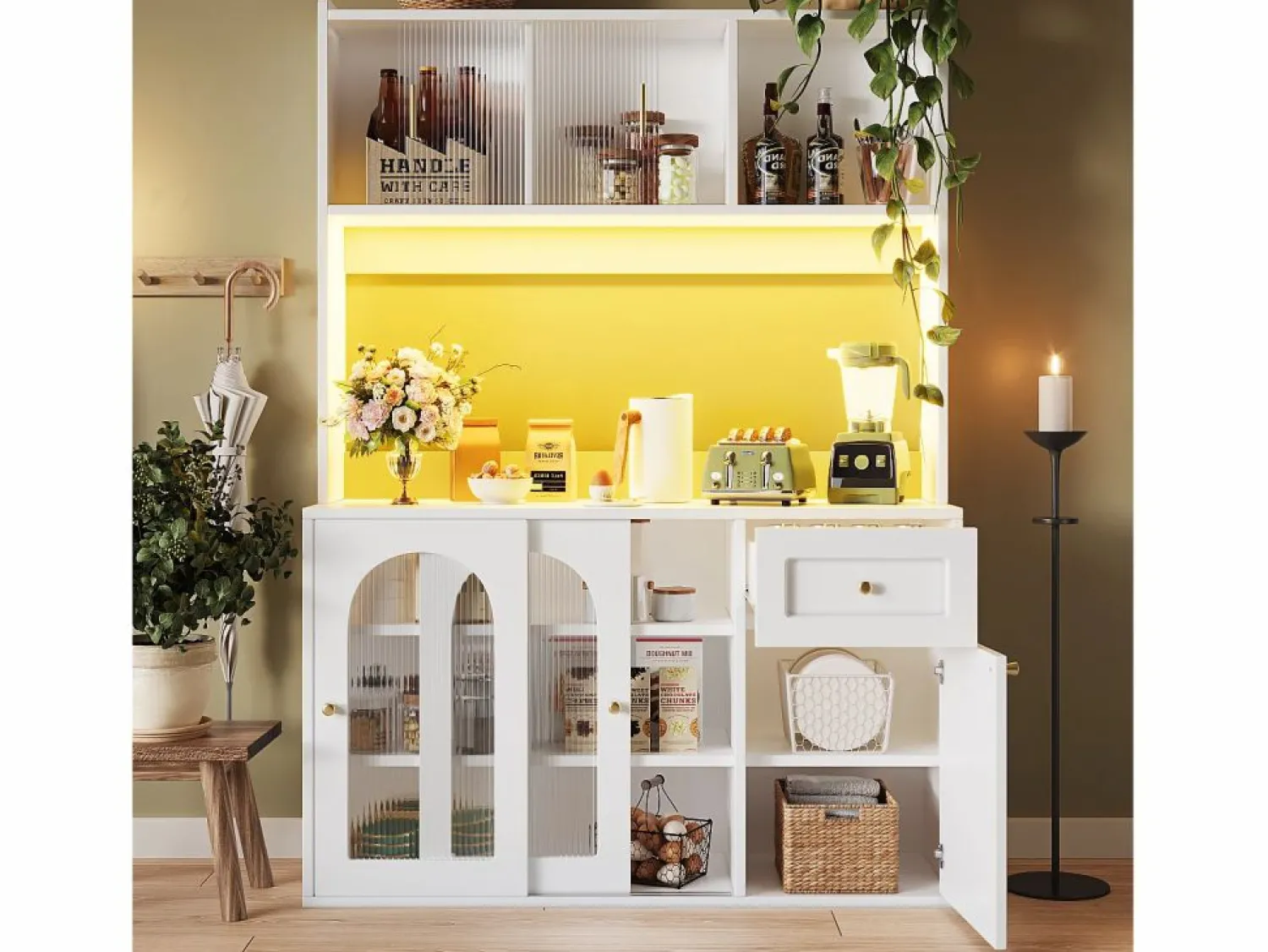 Hot Buffet de cocina 120×35×167 cm - con iluminación LED - 1 cajón y 5 puertas - estantes ajustables - Aparador De Cocina
