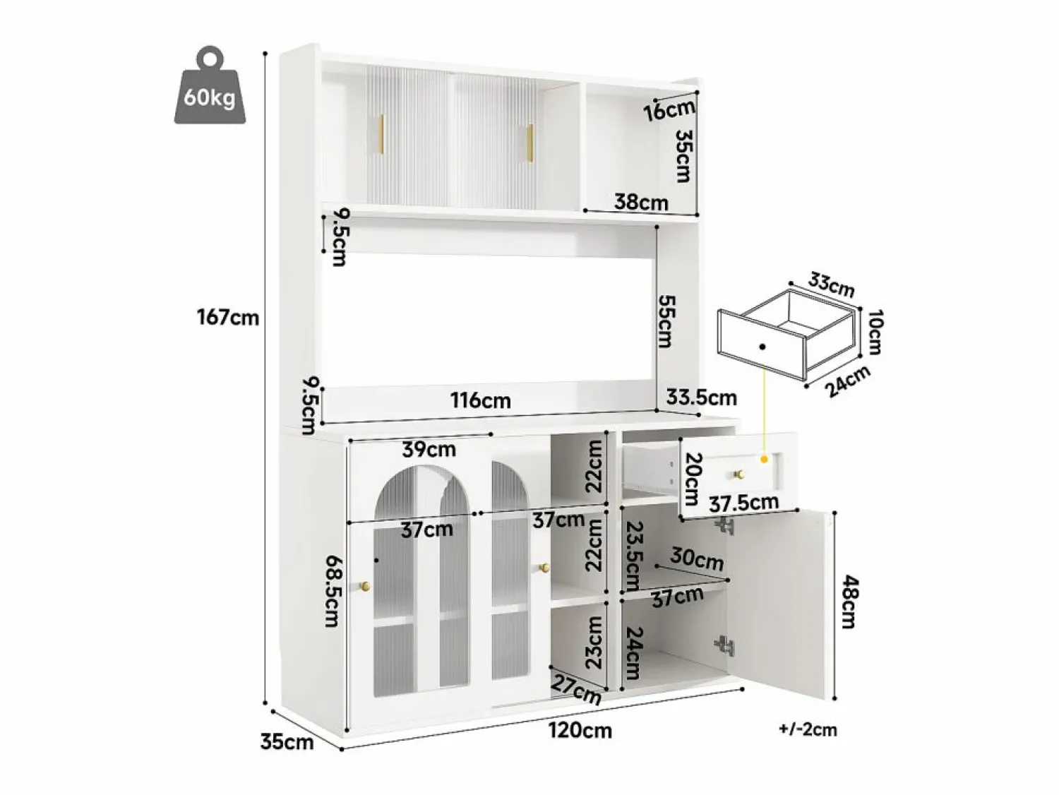 Hot Buffet de cocina 120×35×167 cm - con iluminación LED - 1 cajón y 5 puertas - estantes ajustables - Aparador De Cocina