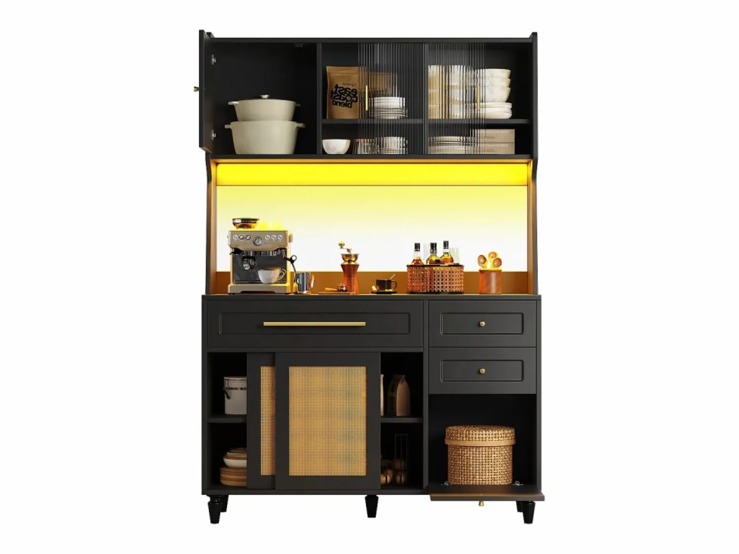 ModernLuxe Buffet de cocina 120×45×195,5 cm - con iluminación LED - 3 cajones y 6 puertas - estantes ajustables -