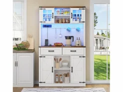 ModernLuxe Buffet de cocina 100×40×172 cm - con USB y enchufe - con LED - 4 puertas y 1 cajón - +natural