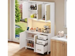 Online ModernLuxe Buffet de cocina 100×40×183 cm - con USB y enchufe - con LED - 5 puertas y 3 cajones - blanco+natural Color natural claro / Blanco