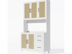 Online ModernLuxe Buffet de cocina 100×40×183 cm - con USB y enchufe - con LED - 5 puertas y 3 cajones - blanco+natural Color natural claro / Blanco