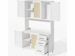 Online ModernLuxe Buffet de cocina 100×40×183 cm - con USB y enchufe - con LED - 5 puertas y 3 cajones - blanco+natural Color natural claro / Blanco