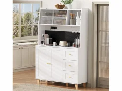 Sale ModernLuxe Buffet de cocina moderno 120x40x184cm - con toma de corriente y portacopas de vino - con 3 cajones y 5 puertas - Blanco