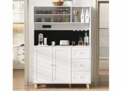 Sale ModernLuxe Buffet de cocina moderno 120x40x184cm - con toma de corriente y portacopas de vino - con 3 cajones y 5 puertas - Blanco
