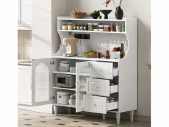 ModernLuxe Buffet de cocina moderno 120x40x138.5cm - con toma de corriente y portacopas de vino - con 3 cajones y 2 puertas - Blanco