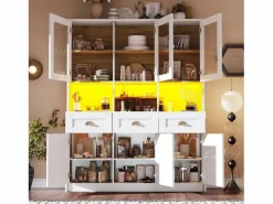 Online ModernLuxe Buffet de cocina moderno 140x40x175cm - 6 puertas + 3 cajones + 9 estantes - mueble alto - con iluminación LED - Blanco