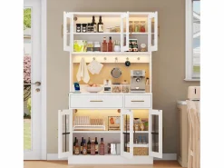 Hot ModernLuxe Buffet de cocina moderno 100x40x180cm - con toma de corriente y LED - con 2 cajones y 6 puertas - Blanco