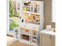 Hot ModernLuxe Buffet de cocina moderno 100x40x180cm - con toma de corriente y LED - con 2 cajones y 6 puertas - Blanco