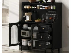 Best Buffet de cocina moderno 120x40x138.5cm - con toma de corriente y portacopas de vino - con 3 cajones y 2 puertas - Negro Aparador De Cocina