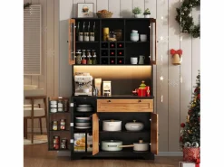Hot ModernLuxe Buffet de cocina moderno 100x40x180cm - con toma de corriente y LED - con 1 cajón y 5 puertas - con estante para especias - Natural Color natural claro