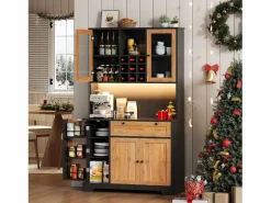 Hot ModernLuxe Buffet de cocina moderno 100x40x180cm - con toma de corriente y LED - con 1 cajón y 5 puertas - con estante para especias - Natural Color natural claro