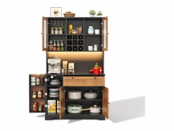 Hot ModernLuxe Buffet de cocina moderno 100x40x180cm - con toma de corriente y LED - con 1 cajón y 5 puertas - con estante para especias - Natural Color natural claro