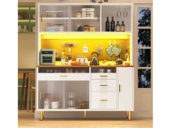 Discount Buffet de cocina 145x39x171 cm - 4 puertas de vidrio - 4 cajones - casillero para vino - con iluminación LED - blanc Aparador De Cocina