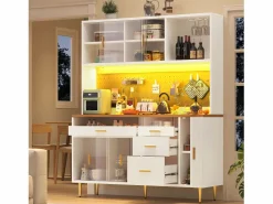Discount Buffet de cocina 145x39x171 cm - 4 puertas de vidrio - 4 cajones - casillero para vino - con iluminación LED - blanc Aparador De Cocina