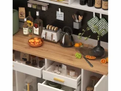 Discount Buffet de cocina 145x39x171 cm - 4 puertas de vidrio - 4 cajones - casillero para vino - con iluminación LED - blanc Aparador De Cocina