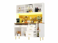 Discount Buffet de cocina 145x39x171 cm - 4 puertas de vidrio - 4 cajones - casillero para vino - con iluminación LED - blanc Aparador De Cocina