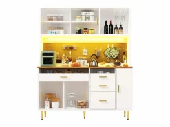 Discount Buffet de cocina 145x39x171 cm - 4 puertas de vidrio - 4 cajones - casillero para vino - con iluminación LED - blanc Aparador De Cocina