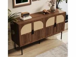 Hot Buffet moderno 140x40x80 cm - con 4 puertas - Acabado de ratán - Chapa de nogal - Marrón Aparador