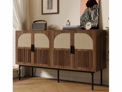 Hot Buffet moderno 140x40x80 cm - con 4 puertas - Acabado de ratán - Chapa de nogal - Marrón Aparador