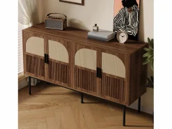 Hot Buffet moderno 140x40x80 cm - con 4 puertas - Acabado de ratán - Chapa de nogal - Marrón Aparador