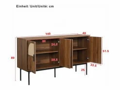 Hot Buffet moderno 140x40x80 cm - con 4 puertas - Acabado de ratán - Chapa de nogal - Marrón Aparador