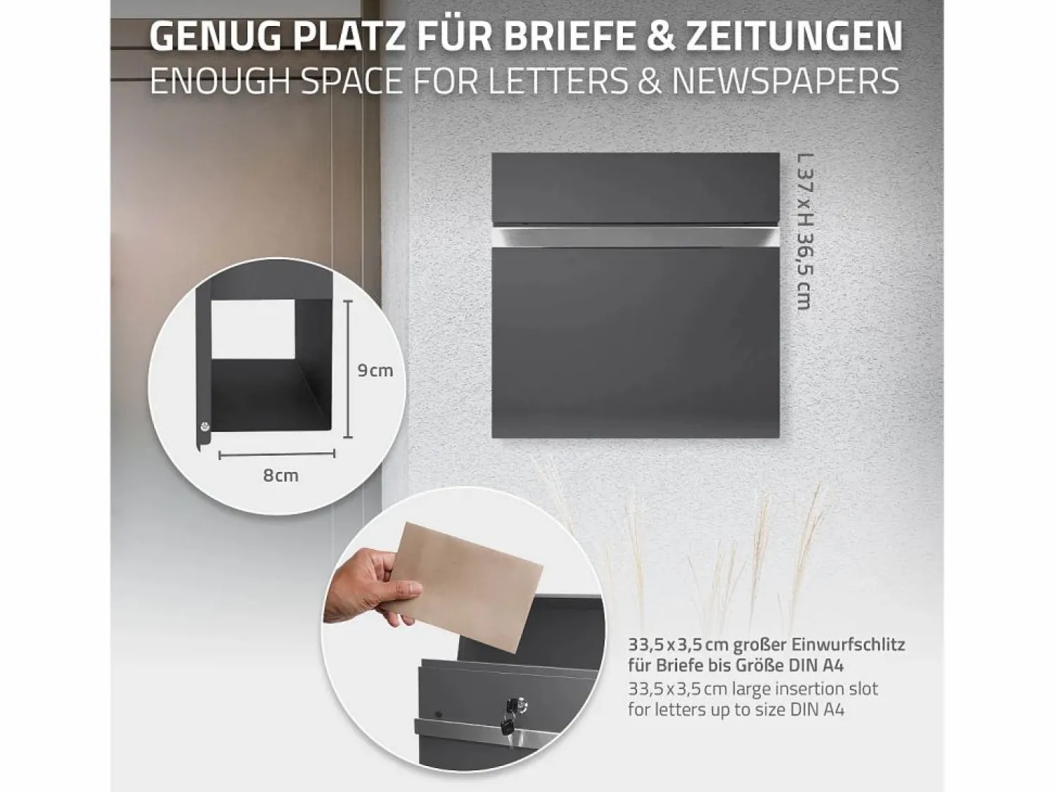 ECD Germany Buzón de correos acero casillero antracita con compartimiento de cartas 2 llaves
