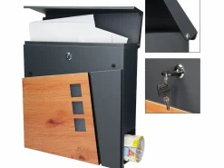 ML-DESIGN Buzón exterior con compartimento para periódicos negro diseño madera y soporte