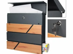 Clearance Buzón exterior con compartimento para periódico y soporte negro detalles madera Buzón