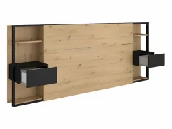 New Vente-unique Cabecero con mesitas de noche y almacenaje, 160 cm, roble y negro. MISTA Color natural claro