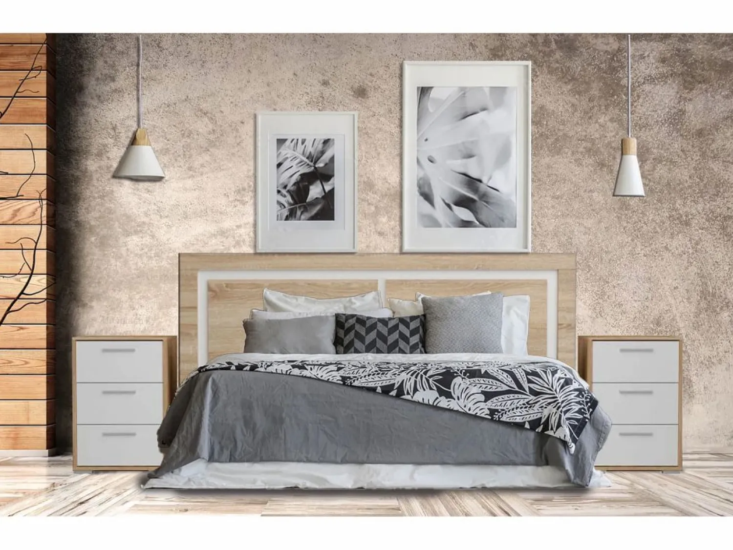Outlet Cabecero de 155x60cm para Camas de 135 a 150 y Dos mesitas de Noche (Pata Baja, 3 Cajones) - Buyqualia Dormitorio Completo