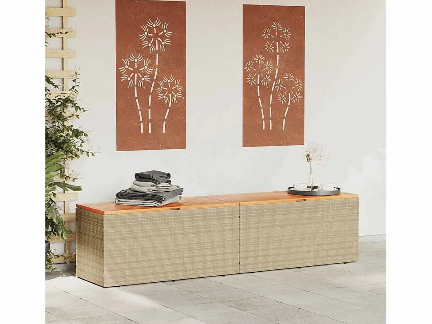 Caja de almacenamiento de jardín hecha de resina tejida y madera de acacia