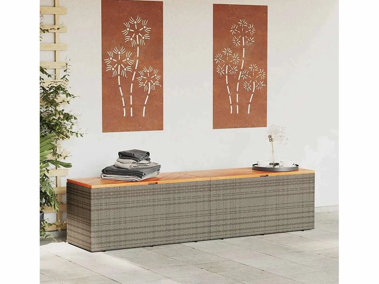 Outlet Caja de almacenamiento de jardín hecha de resina trenzada y madera de acacia Gris