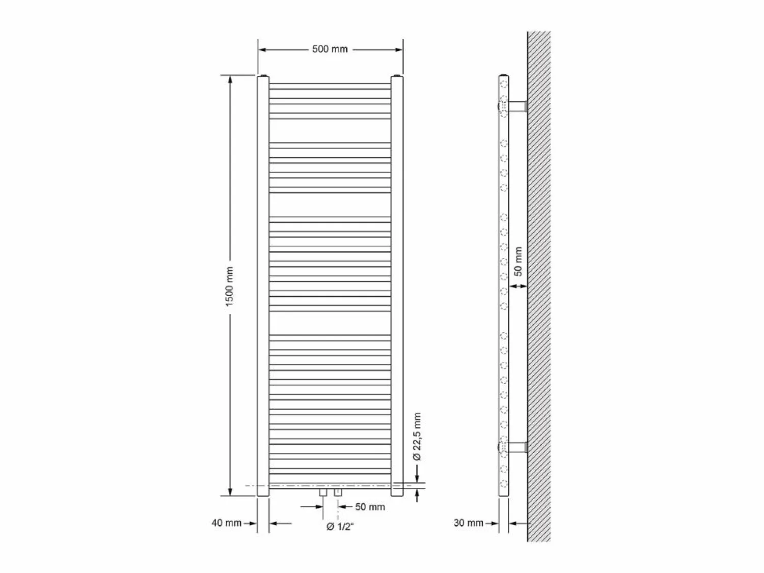 Discount LuxeBath Calentador de toallas no eléctrico Sahara, 500 x 1500 mm, , conexión central Blanco