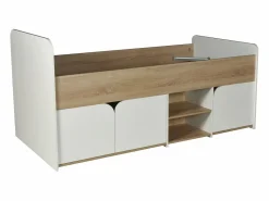 Sale Vente-unique Cama 90 x 190 cm con almacenamiento en colores natural y blanco + somier + colchón - LOSTYA Color natural claro / Blanco