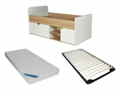 Sale Vente-unique Cama 90 x 190 cm con almacenamiento en colores natural y blanco + somier + colchón - LOSTYA Color natural claro / Blanco