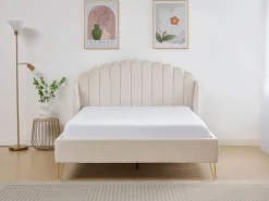 Vente-unique Cama 140 x 190 cm con cabecero ondeado en terciopelo - SAGALI Beige
