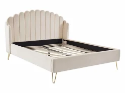 Vente-unique Cama 140 x 190 cm con cabecero ondeado en terciopelo - SAGALI Beige