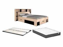 Sale Vente-unique Cama 140 x 190/200 cm con cabecero en natural y negro + somier + colchón - KINSELIA Negro / Color natural claro