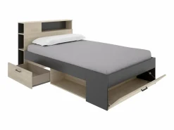 Discount Vente-unique Cama 120 x 190 cm con cabecero con compartimentos en natural y antracita + somier - LEANDRE Gris antracita / Color natural claro