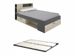 Discount Vente-unique Cama 120 x 190 cm con cabecero con compartimentos en natural y antracita + somier - LEANDRE Gris antracita / Color natural claro