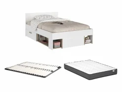 Clearance Vente-unique Cama 120 x 190 cm con compartimentos color blanco y natural + somier + colchón - KINSELIA Color natural claro / Blanco