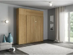 ITAMOBY Cama abatible 160 vertical Kentaro con columna - módulo a pared superior - módulo con apertura vasistas Roble Natural