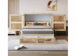 ModernLuxe Cama abatible 140 x 200 cm - con 2 cajones - con somier de láminas - natural​ (colchón no incluido)